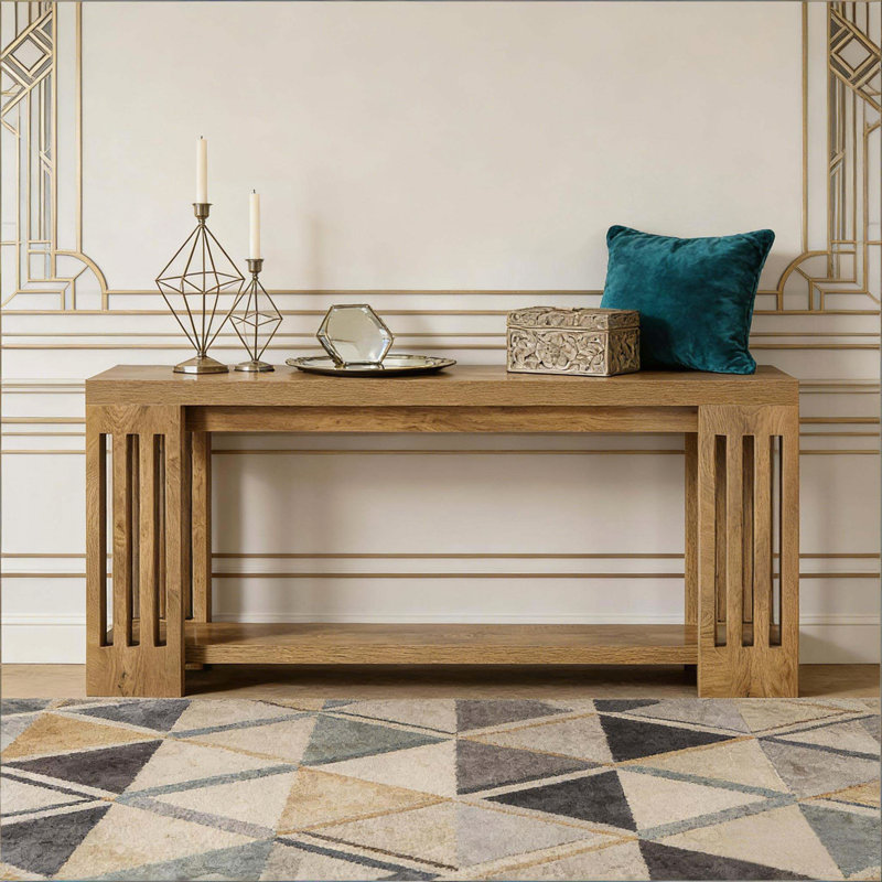 70.9-Inch 2-Tier Console Table - Farmhouse Vertical Stripe Legs, Oak
