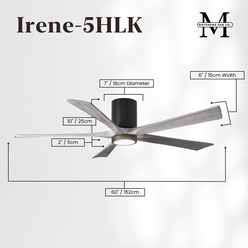 Ventilateur de plafond à 5 pales DEL avec ensemble d'éclairage inclus Irene, Noir mat, 60", Ton bois de grange