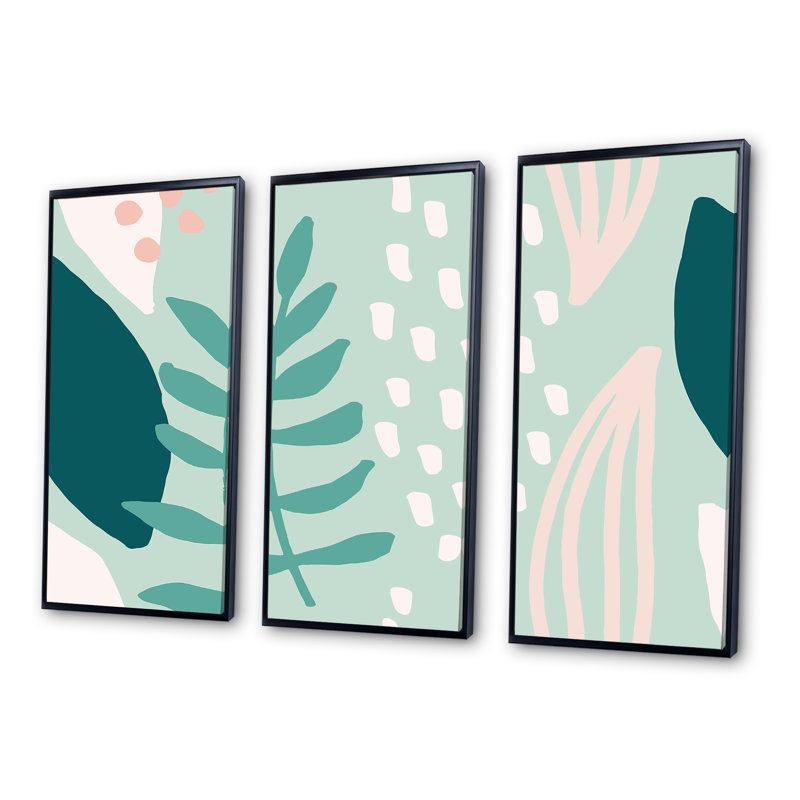 Abstrait vert clair et feuillage rose I - ensemble d'art moderne encadré sur toile Mid-Century, Noir