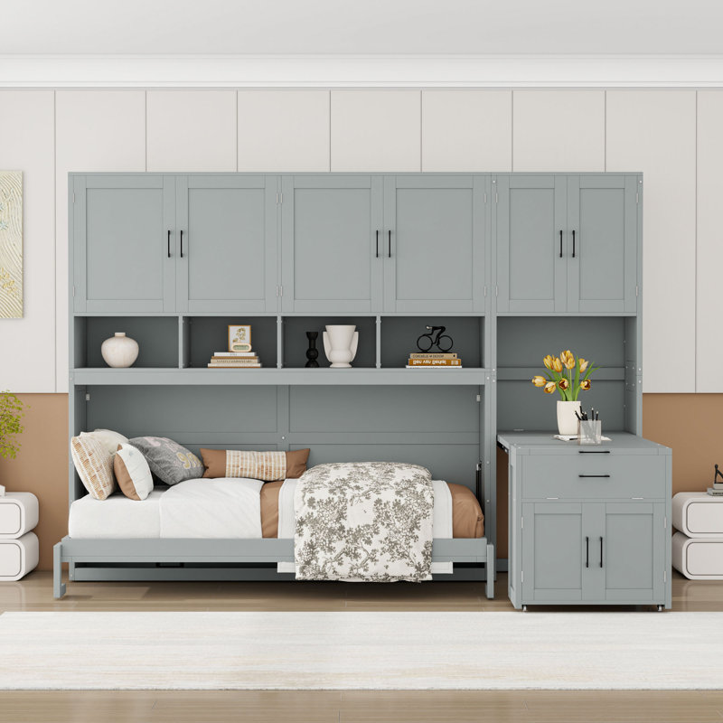 Twin Wood Murphy Bed with Storage and Desk and Wardrobe, Grey