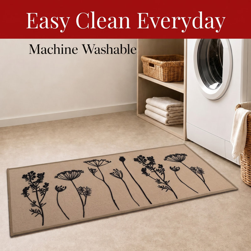Wildflowers Long Runner Kitchen Mat, Tan/Black