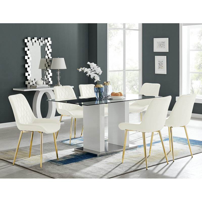 Ransart Modern Luxury Glass & Metal Dining Table Set With 6 Luxury Velvet Dining Chairs, White/Gold