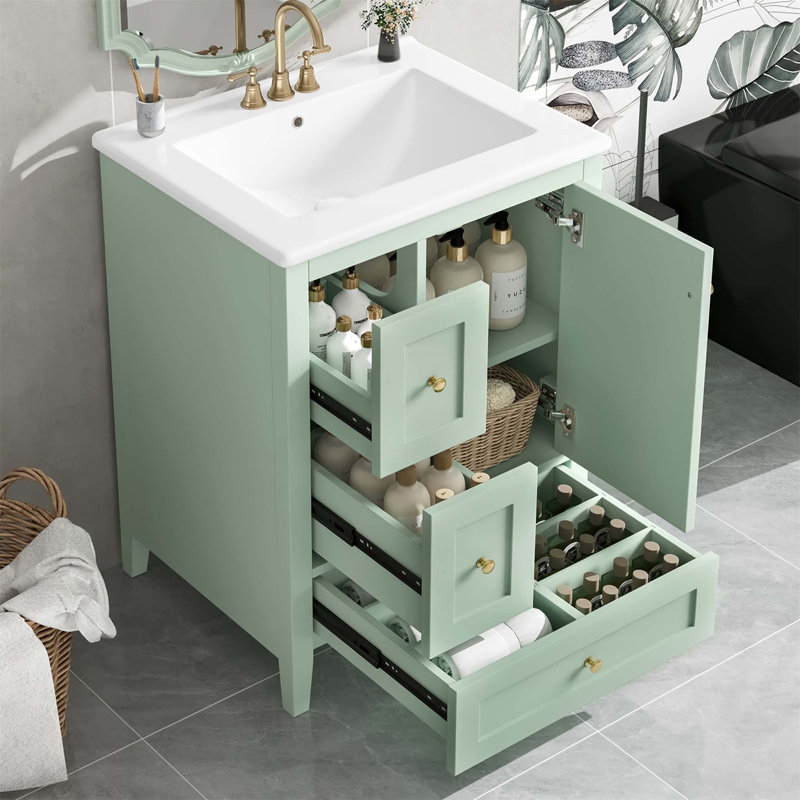 Meuble-lavabo de 24 pouces avec rangement spacieux, tablette réglable et finition verte moderne, parfait pour les petites et moyennes salles de bain