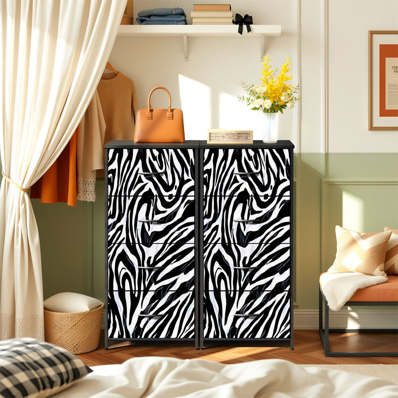 Commode pour la chambre à coucher avec 4 tiroirs de rangement à motif animalier zébré ornemental Commode sans couture Commode en tissu avec cadre en acier pour vestibule