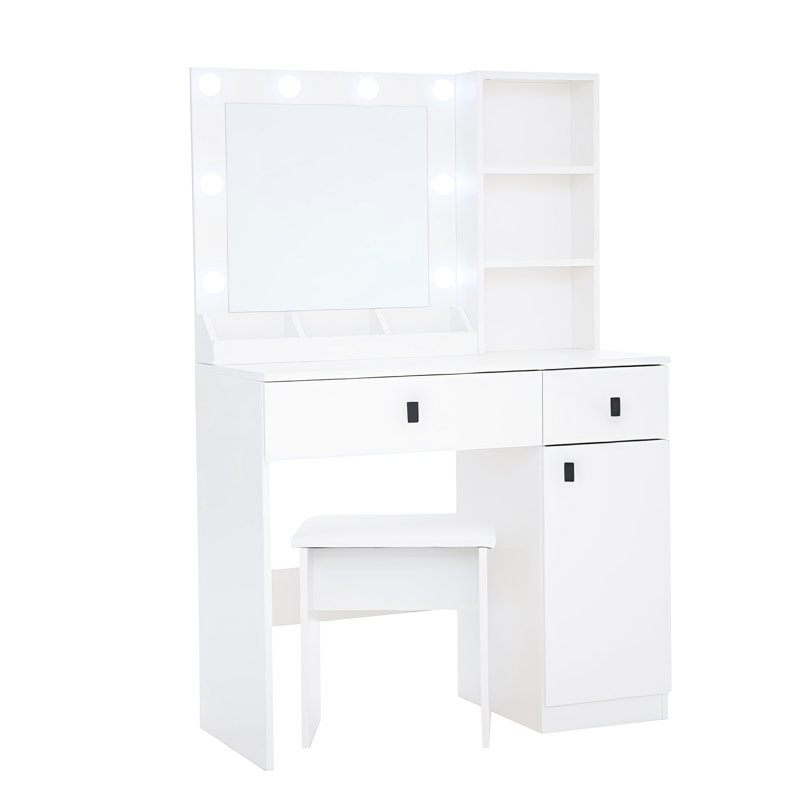 White Vanity Desk With Lights And Rotating Mirror - Modern Bedroom 2 Storage Adjustable Brightness Large Space For Makeup 2 Drawers