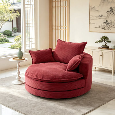 Oversized Round Swivel Accent Chair, Corduroy Upholstered Chair with Dual-Layer Cushion, 360° Swivel Base, 3 Pillows Included, Reading Lounge Chair for Living Room