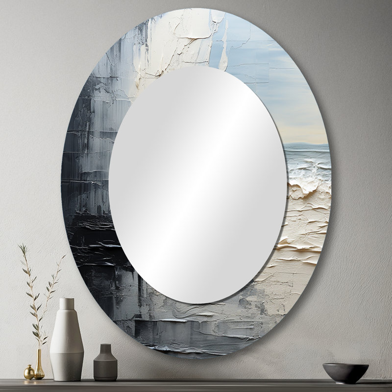 Abstract Cream And Black Liquid Paint II - Cream Oval Wall Mirror Decor, 43" x 33"