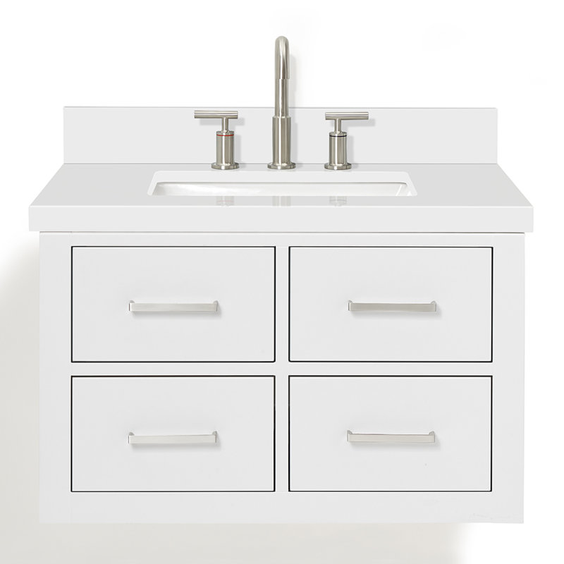 Macolm 31'' Single Bathroom Vanity with White Quartz Top, Brushed Nickel, White