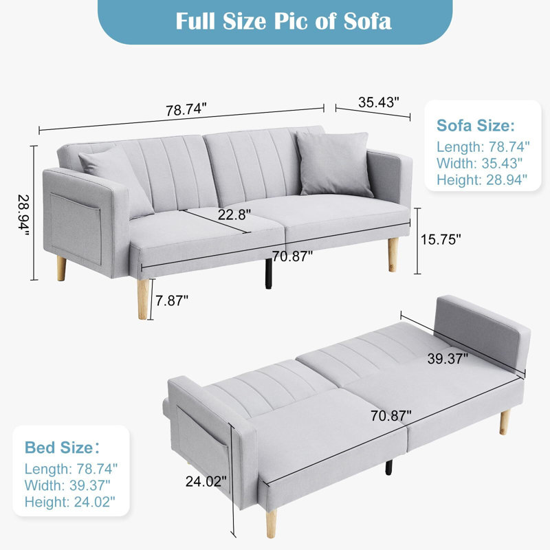 Abdulkadyr 78.74'' Upholstered Tight Back Convertible Sofa, Light Gray 100% Linen