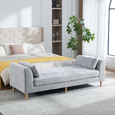83.1"Wide Modern Upholstered End of Bed Bench with Armrests, Chenille Chaise Lounge Couch with 2 Bolster Pillows, Daybed with Rubberwood Legs For Living Room,Bedroom,Apartment,Guestroom, Gray