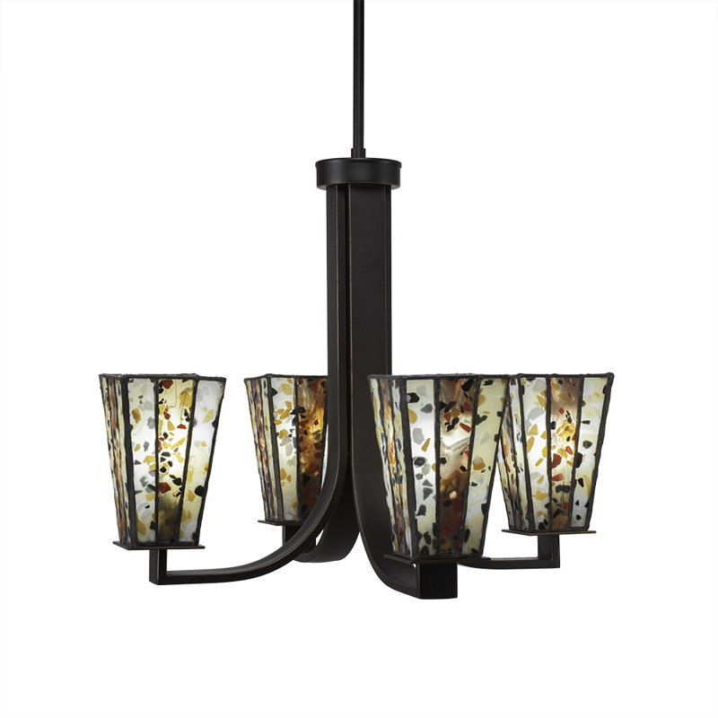 Eurig 4 Light Uplight Chandelier Shown In Dark Granite Finish With 5" Square Fiesta Art Glass