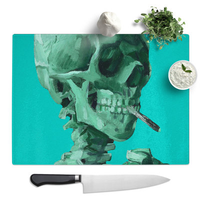 Blue Skull Of A Skeleton With Cigarette By Vincent Van Gogh  Glass Chopping Board