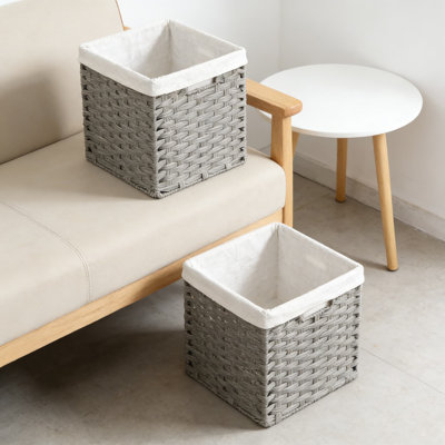 Wicker Cube Storage Baskets With Removable Liners, 2-Pack Hand-Woven Decorative Organizer Bins For Shelves, Closet, Pantry, And Bedroom