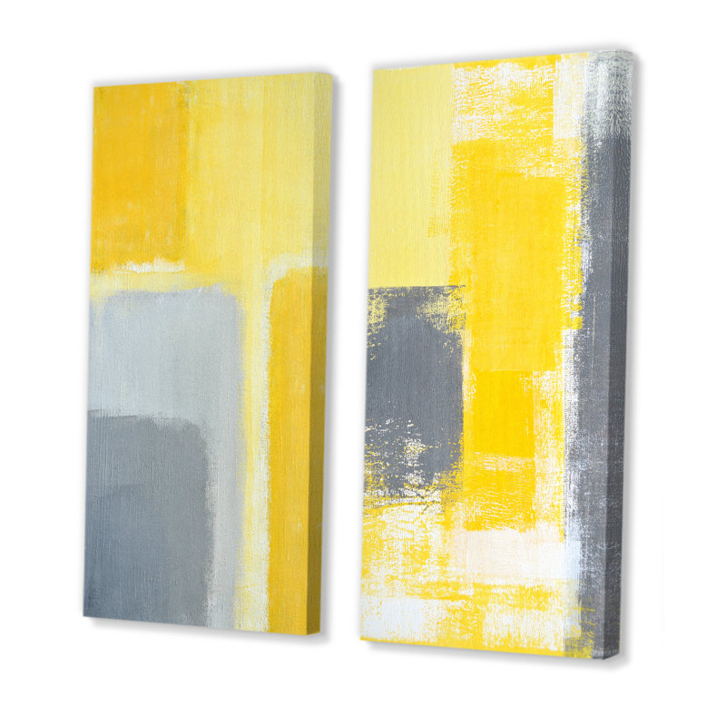 «Gray and Yellow Modern Art III», ensemble de 2 peintures sur toiles, H 32 po x l 32 po x P 1 po, Toile tendue