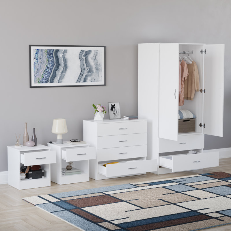 Tayce 4 Piece Bedroom Set (1 Drawer Bedside Chest X2, 4 Drawer Chest, 2 Door 2 Drawer Wardrobe), White