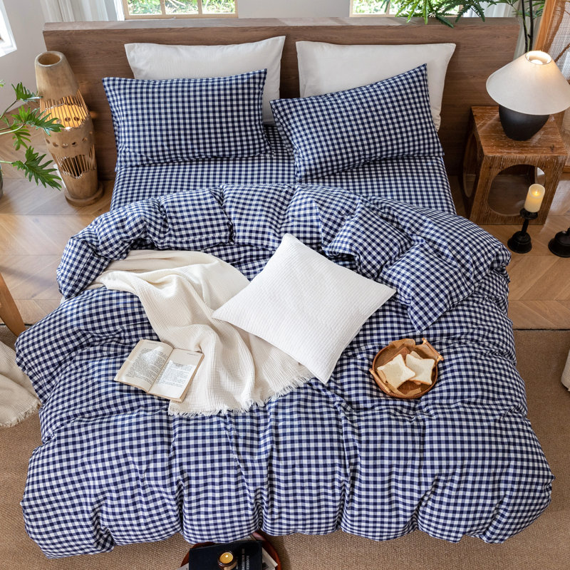 Ensemble de housse de couette 100% coton lavé MooMee Gingham, Housse de couette grand et 2 taies d'oreiller stan, Navy Blue