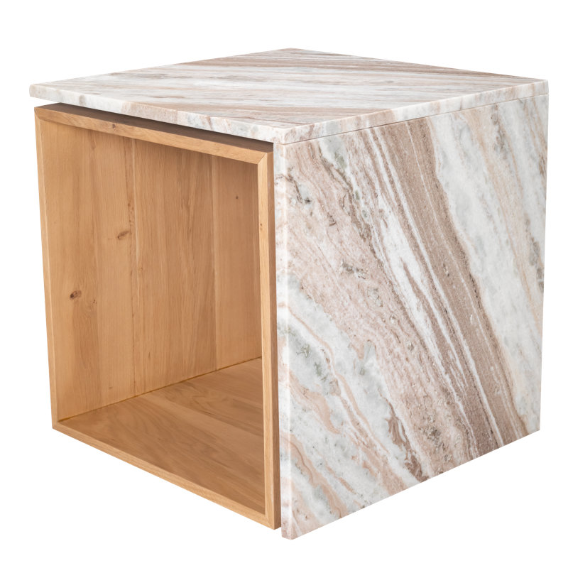 Authentic Italian Marble with Natural Oak Wood Occasional Table / Night Stand, White/Beige, Tan