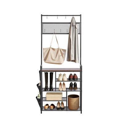 70.9 in. Freestanding Hall Tree with Shoe Storage, 4-Tier Entryway Coat Rack Organizer with Adjustable Hooks and Wire Shelves, Dark Brown Particle Board and Steel Frame