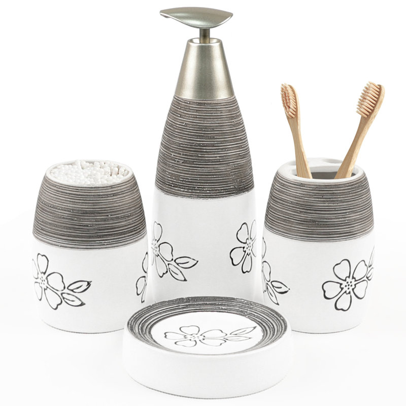 Ensemble d'accessoires de salle de bain Deluxe Deluxe à deux tons blanc avec argile 4 pièces, Fleur