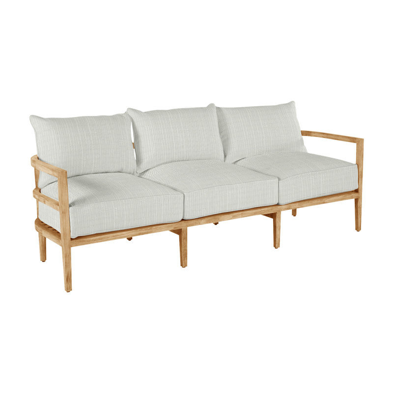 Santa Barbara 87" Wide Outdoor Teak Patio Sofa with Cushions, Natural Teak, No Welt, Herringbone Sand