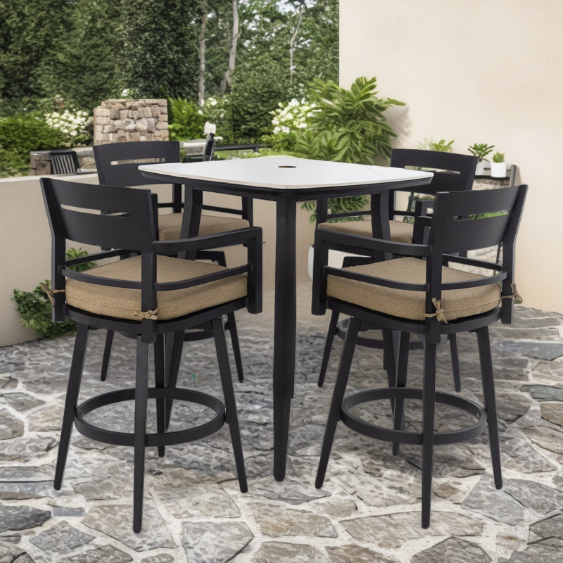 Modern 5pc Outdoor Patio Bar Set, Ember Black With Marble-inspired Table & 4 Swivel Chairs, Sunbrella Cushion, Brown