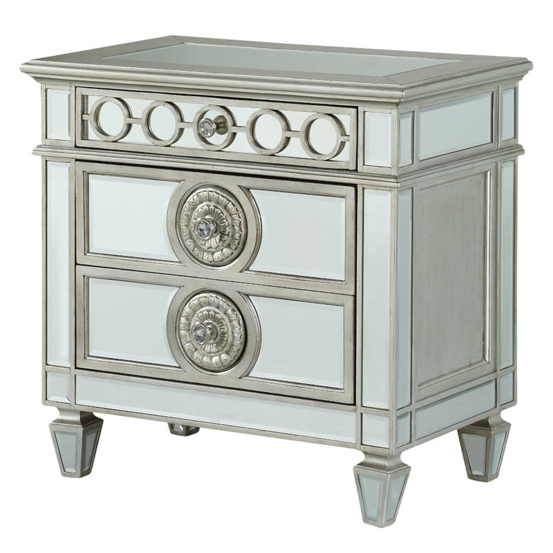 Silver Mirrored Nightstand With Drawers - Geometric Design, In Modern Style Trim Accents