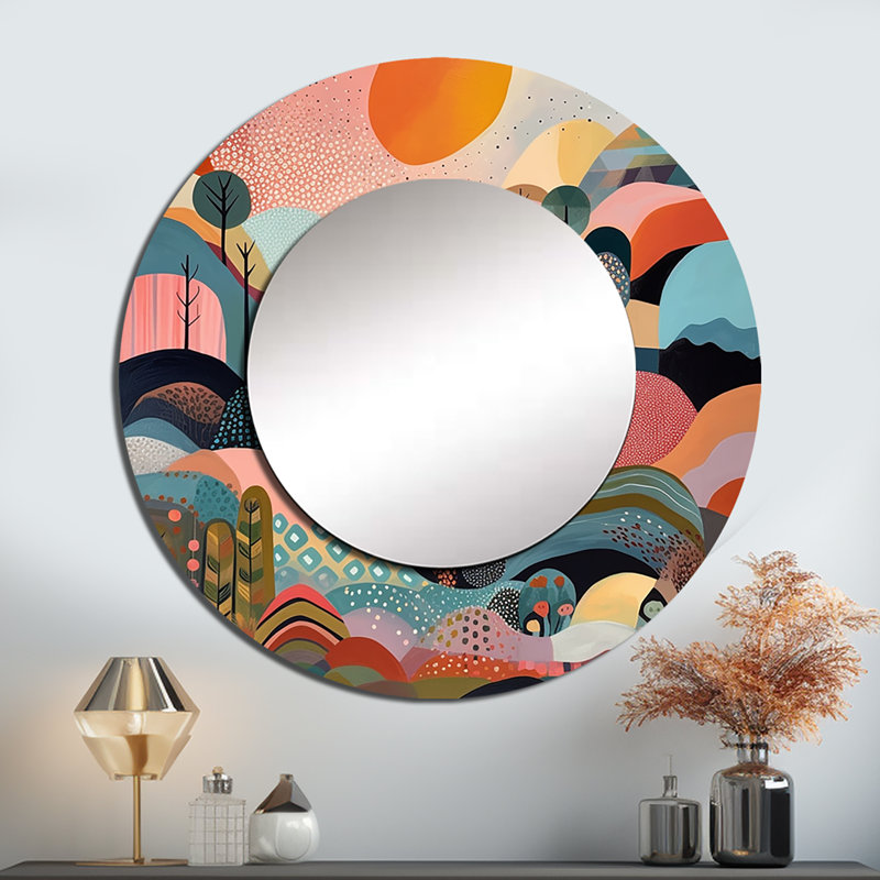 Pellie Pink Blue Minimalims Explosion - Minimalism Mirror, Modern Decorative Wall Mirror, Printed Metal Art, 36" x 36", Round