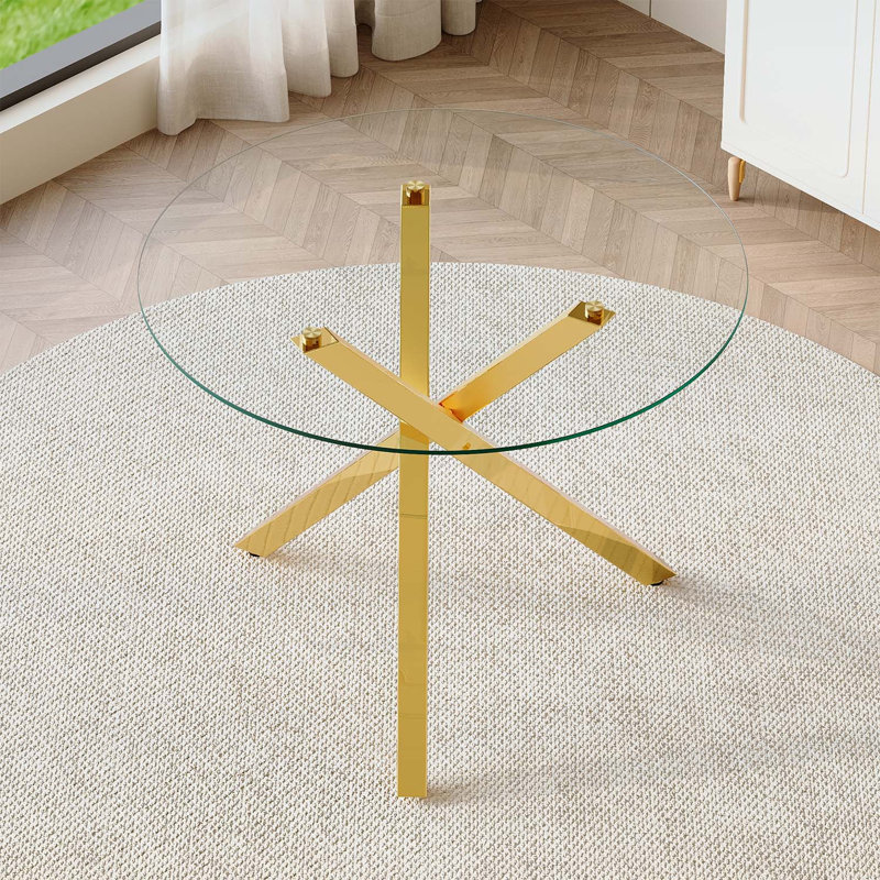 Table de salle à manger ronde en verre pour 2 à 4 personnes, 39 pouces de diamètre, 30 pouces de hauteur, structure en métal doré en forme de X, parfaite pour les petits espaces et les intérieurs modernes