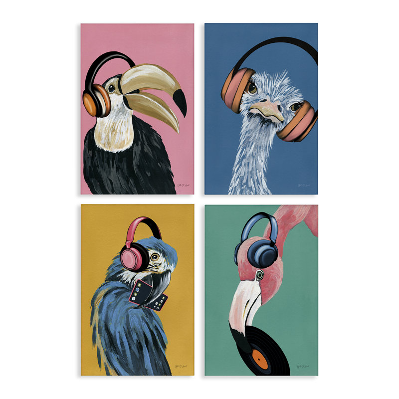 Ensemble de 4 toiles musicales avec oiseaux tropicaux par Yvette St. Amant, H 24 po x l 16 po