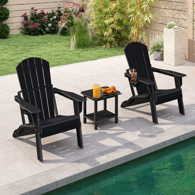 3-piece Foldable Hdpe Adirondack Chair Set With 2-tier Side Table, Cup Holders, All-weather Poly Lumber Outdoor Patio Furniture