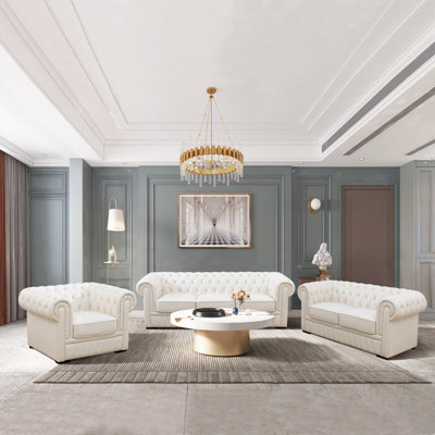 3 - Piece Button Tufted Genuine Cowhide Leather Classic Chesterfield Luxury Living Room Sofa Set