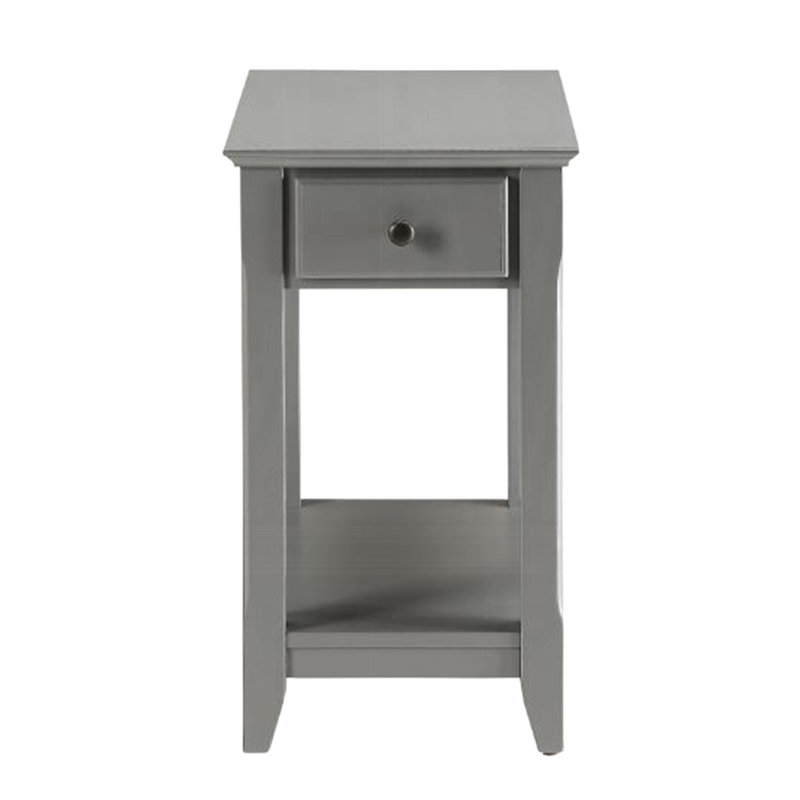 Table d'appoint rectangulaire grise avec un tiroir et une tablette.
