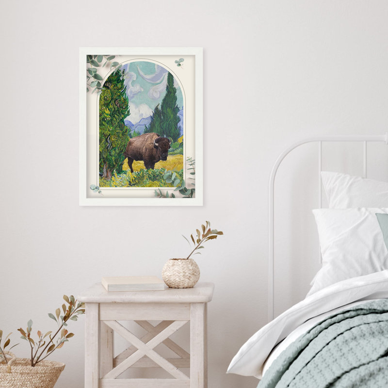 «Bison Buffalo Cypress Tree Landscape» sur papier, Blanc