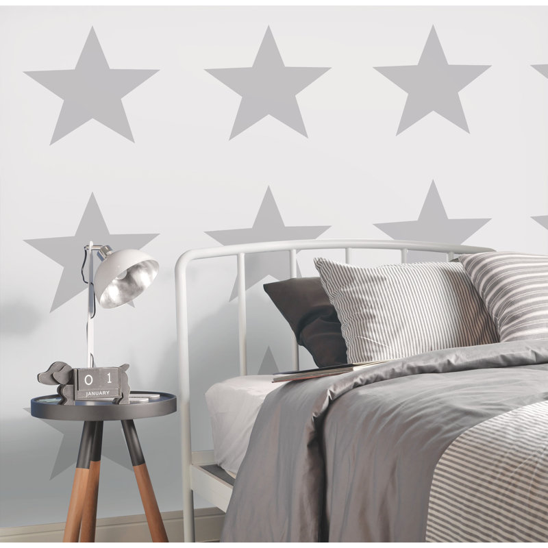 Deauville 2 Large Star Design 33' L x 21" W Wallpaper Roll, Gray/White