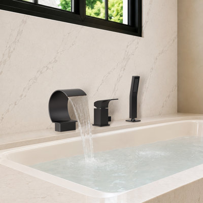Deck Mounted Roman Tub Faucet, 3 Holes Bathtub Filler with Handshower