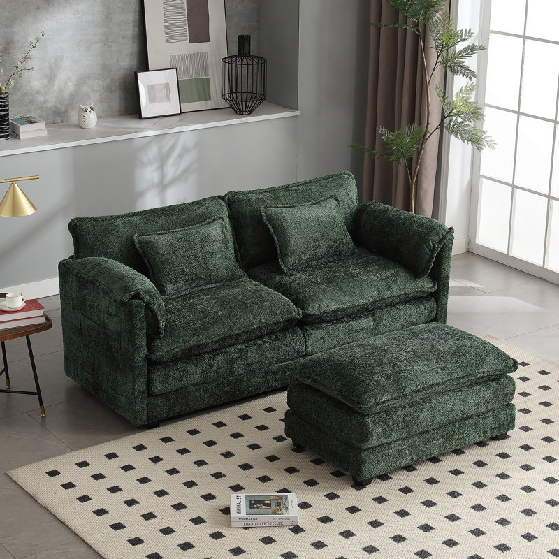 Canapé double surdimensionné luxueux avec tissu chenille et accoudoirs amovibles, Émeraude
