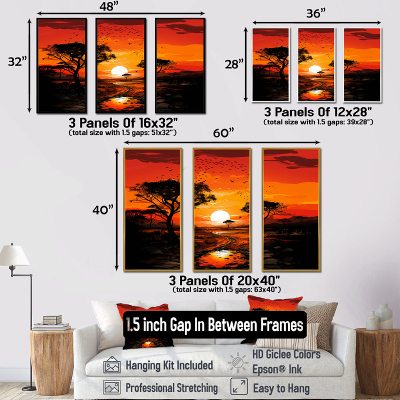 Arbre africain, safari au coucher du soleil - art mural Baobab, Cadre flottant doré, H 32 po x l 48 po x P 1 po