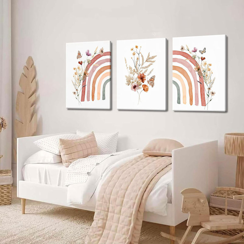 Boho Rainbow Wall Art for Girls Room - Set of 3 Framed Wildflower Canvas Prints for Nursery, Baby Girl Room, Kids or Dorm Decor - Soft Pastel Botanical Bohemian Wall Decor 12x16in