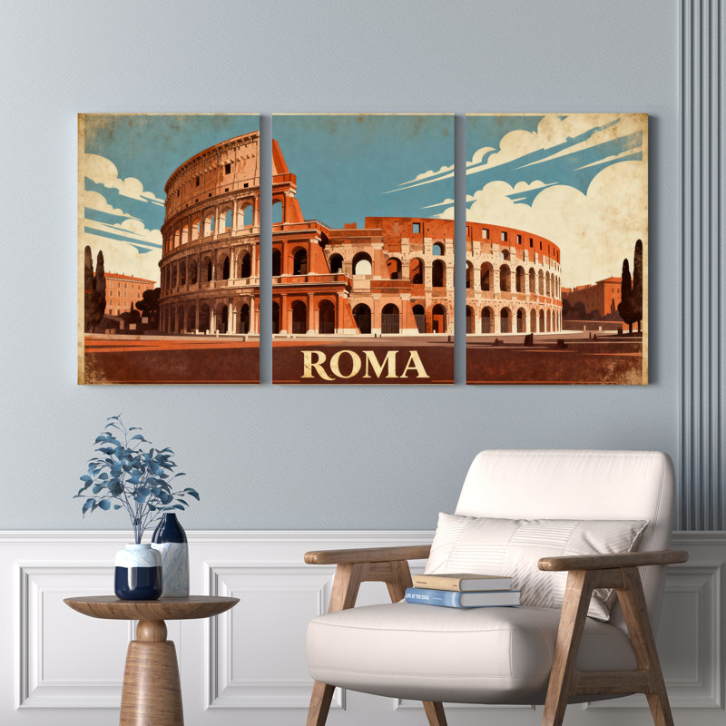 Ensemble de 3 affiches de voyage vintage du Colisée de Rome, imprimées sur toile., H 30 po x l 60 po