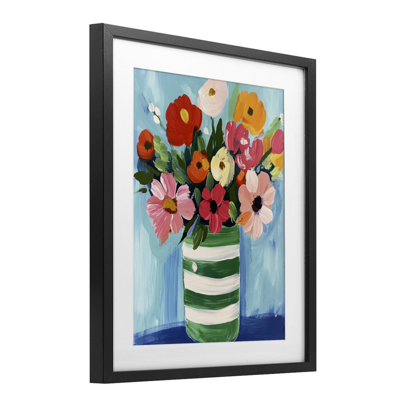 Bouquet dans un vase rayé vert, reproduction encadrée sous verre, design par Petal Prints Design, Cadre noir minuit