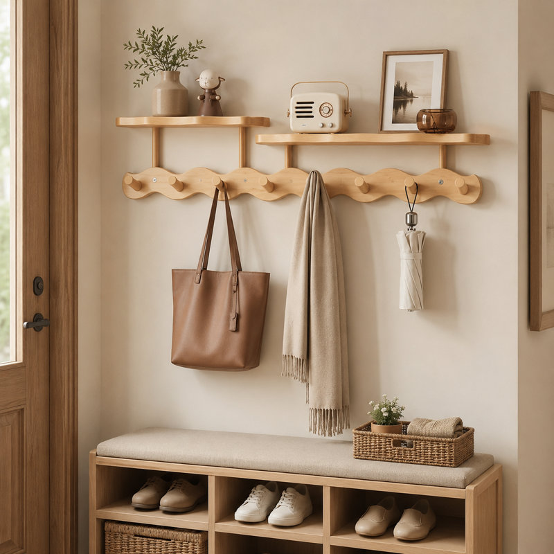 Portemanteau mural en bois massif de 28,35 po de largeur avec tablette et crochets, Natural