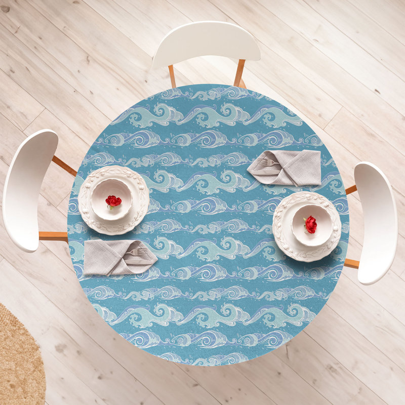 Winston Porter Nautical Fitted Round Tablecloth 45"- 56" Diameter Sea Blue Pale Teal, 64.17" Round