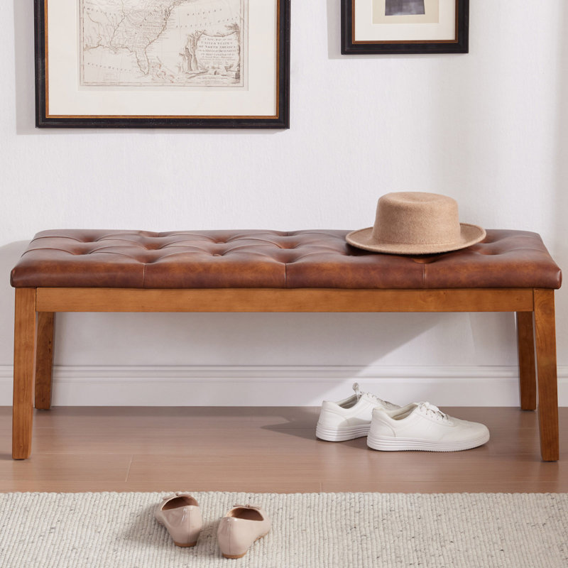 Très grand banc de repose-pieds capitonné moderne Mid-Century avec structure en bois massif, Brun rétro