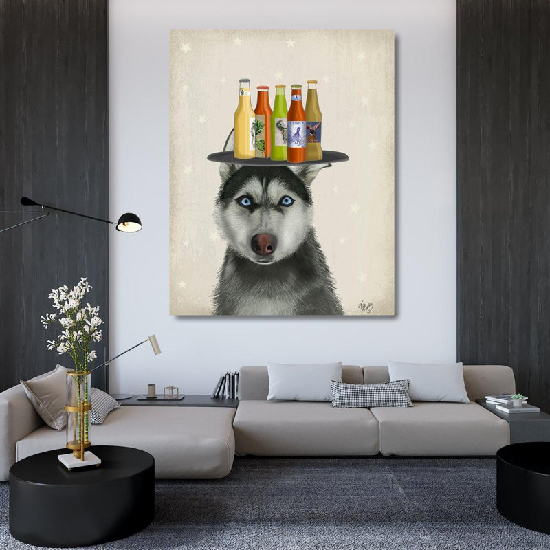 Trinx Fab Funky Gallery Wrapped Canvas Art Titled: Husky 2 Beer Lover, 45" H x 36" W