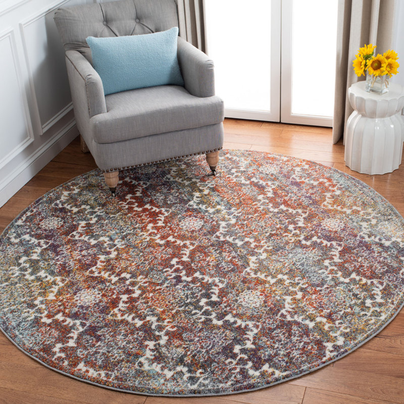 Felty Oriental Light Gray/Rust Area Rug, Round 6'7"