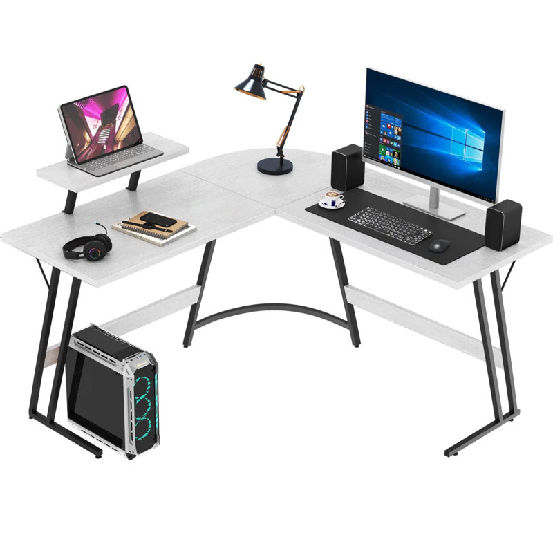 Bureau d'ordinateur en forme de L avec grand support pour écran Sherri, H 29 po x l 51 po x P 20 po, Blanc classique / noir