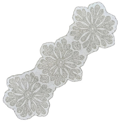 Pearl White Silver Beaded Table Runner 13x36 Inch Decor