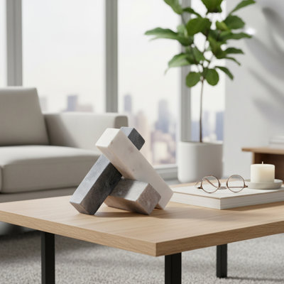Modern Marble Jack Sculpture For Home Decor - Interlocking  Block Decorative Object For Living Room - Figurine And Statue Inspired Decor - 6", White & Tan