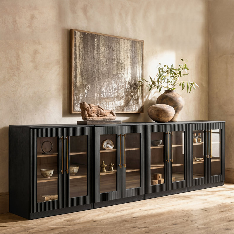 124" Modern 4-Piece Sideboard & Console Cabinet Set – Black Ribbed Glass Doors, Brass Knurled Handles, Black Rubberwood Finish – Living & Dining Room Storage Solution