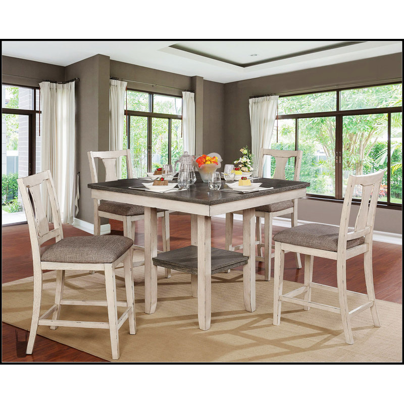 Ensemble de salle à manger rustique 5 pièces blanc antique avec table à hauteur de comptoir et tablette, chaises hautes uniques pour petits espaces